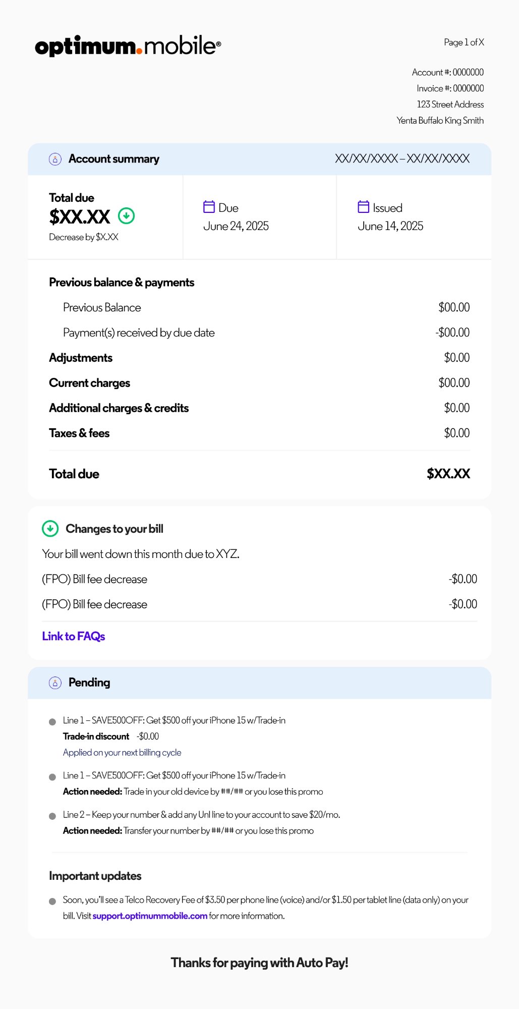 Redesigned Optimum Mobile customer PDF bill