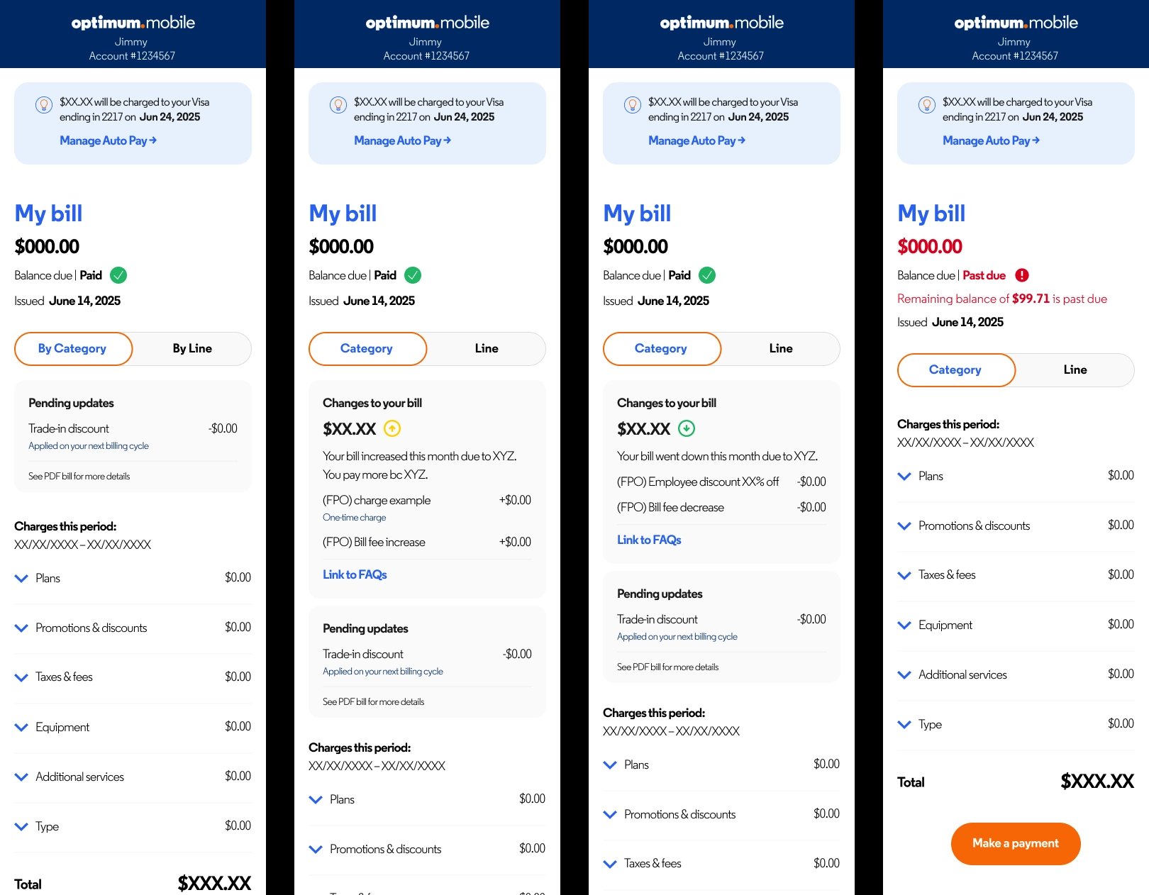 Selfcare bill redesign — four states including pending, increase, decrease, past due